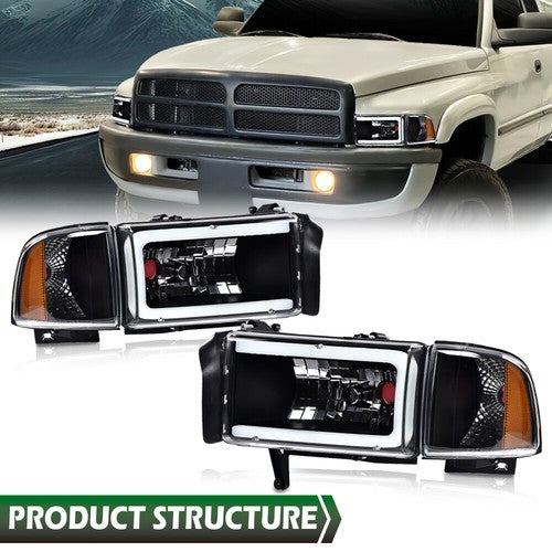 Solid Spare Amber Corner Black LED DRL Headlights Fit For 94-02 Dodge Ram 1500 2500 3500