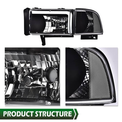 Solid Spare Fit For 94-02 Dodge Ram 1500 2500 3500 LED DRL Clear Corner Black Headlights