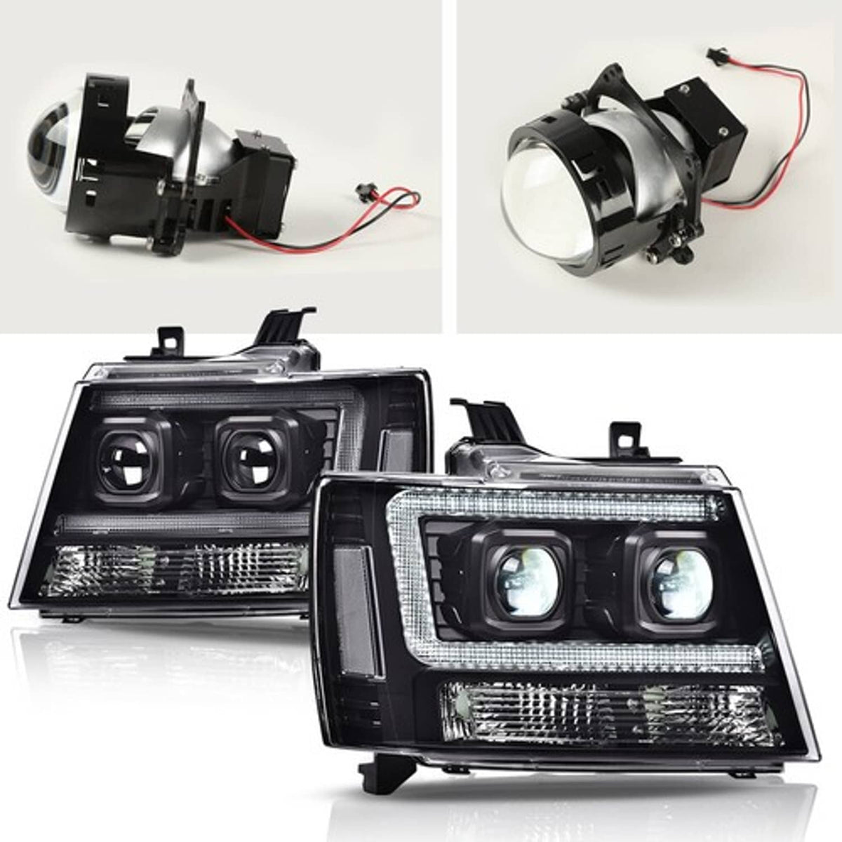 Solid Spare Dual LED Projector Headlights Black Fit For 07-14 Chevy Avalanche Tahoe Suburban