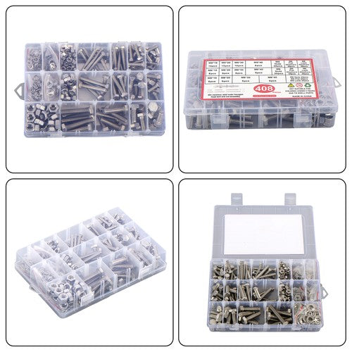 Solid Spare 408 Pieces M5 M6 M8 Bolts and Nuts Flat & Lock Washers Combination Kit