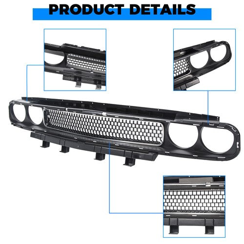 Solid Spare For 2008-2014 Dodge Challenger Front Bumper Grille Black w/ Chrome Trim Molding