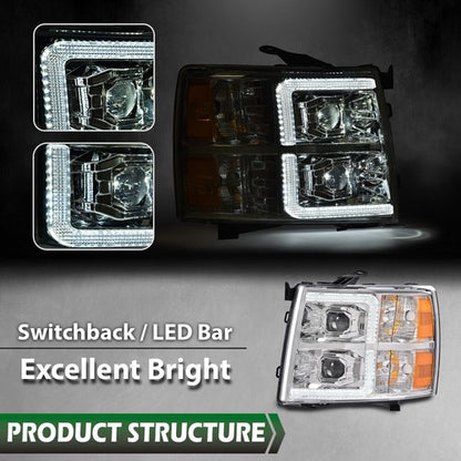 Solid Spare Fit For 07-14 Silverado 1500 2500 3500 Amber Chrome LED Projector Headlights