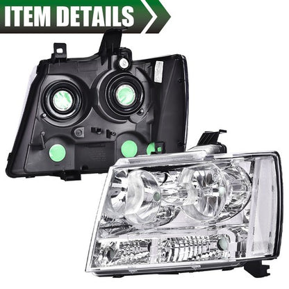 Solid Spare Fit For 2007-2014 Avalanche Tahoe Suburban Clear Lens Chrome Headlights Assembly