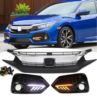For 2016-2018 Honda Civic Si LED DRL Fog Lights Cover&Chrome Grille Grill