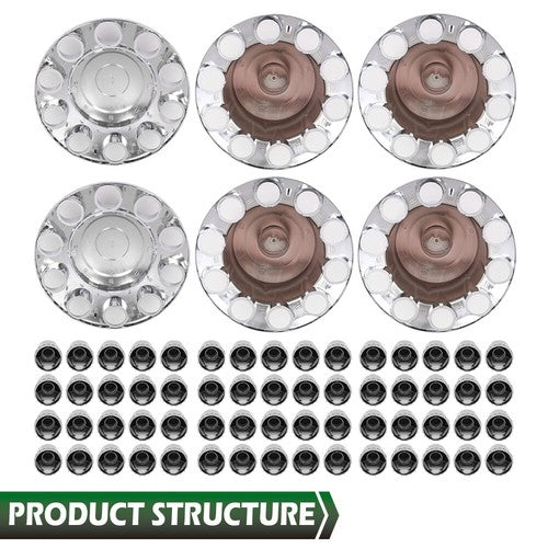 Solid Spare Complete 33mm Lug Silver Hub Cover Semi Truck Wheel Axle Cover Kit Front & Rear