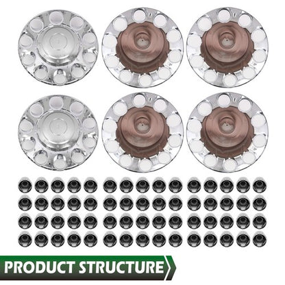 Solid Spare Complete 33mm Lug Silver Hub Cover Semi Truck Wheel Axle Cover Kit Front & Rear