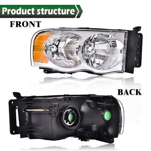 Solid Spare Amber/Chrome Headlights+Fog Lights Fit For 2002-2005 Dodge Ram 1500 2500 3500