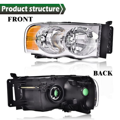 Solid Spare Amber/Chrome Headlights+Fog Lights Fit For 2002-2005 Dodge Ram 1500 2500 3500