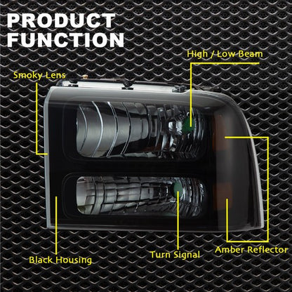 Solid Spare Fit For 2005-2007 Ford F250 F350 F450 F550 Super Duty Smoke Lens Headlights