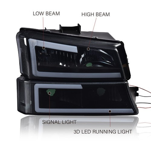 Solid Spare Fit For 03-06 Chevy Silverado Smoke Lens LED DRL Headlights+Red Tail Lights