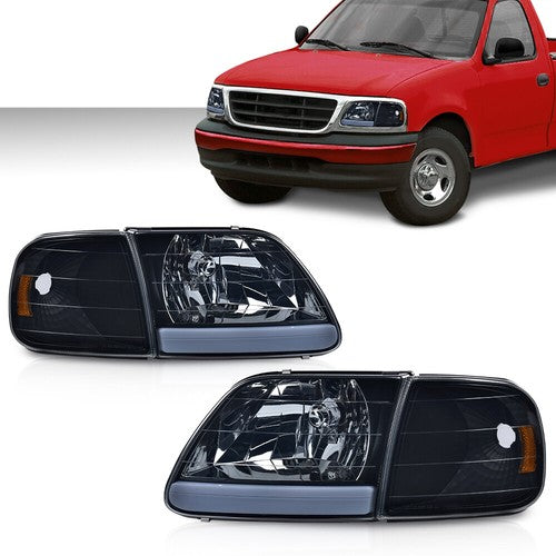 Solid Spare Fit For 97-04 Ford F150 Black/Smoked LED Strip Headlights Headlamps LH+RH