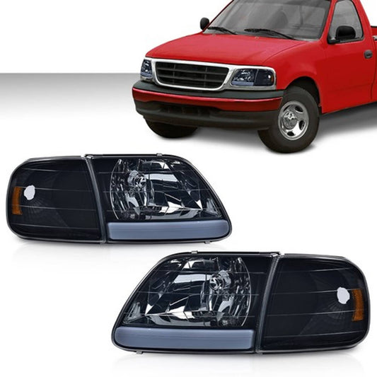 Solid Spare Fit For 97-04 Ford F150 Black/Smoked LED Strip Headlights Headlamps LH+RH