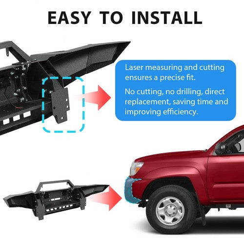 Solid Spare For Toyota Tacoma 2005-15 Front Bumper Steel w/Winch Plate&LED Lights&Skid Plate