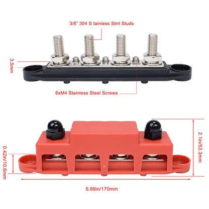 3/8" / 250A 4 Stud Busbar Bus Bar Power Distribution Terminal Block Red&Black