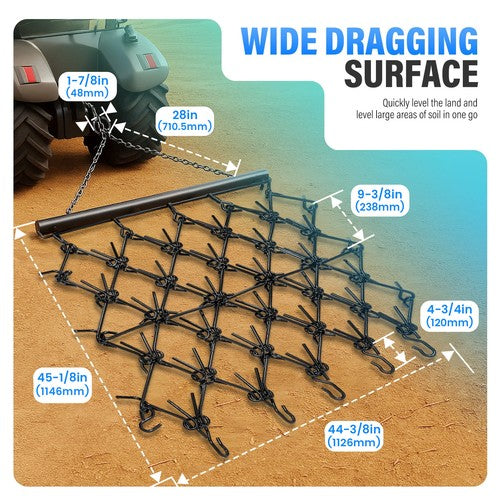 Solid Spare Steel Drag Harrow 4X4FT Heavy Duty Chain For ATV UTV Tractor Leveling Grading