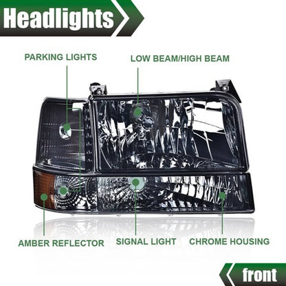 Solid Spare Fit For 92-96 Ford F150 F250 F350 Bronco Headlights w/Corner Signal Lamps Smoke