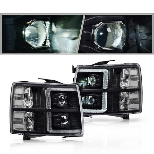 Solid Spare Fit For 07-13 Chevy Silverado 1500/2500/3500 LED Projector Headlights Black