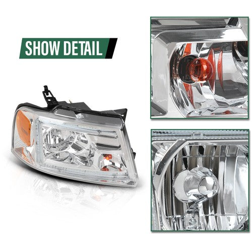 Solid Spare Fit For 2004-2008 Ford F150 Lincoln Mark LT Clear/Chrome LED Tube Headlights
