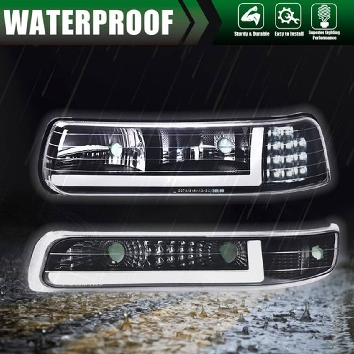 Solid Spare Fit For 99-02 Chevy Silverado 00-06 Tahoe LED DRL Headlights Bumper Lamps Black