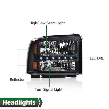 Solid Spare Fit For 2005-2007 Ford F250 F350 F450 F550 Super Duty LED DRL Headlights Black