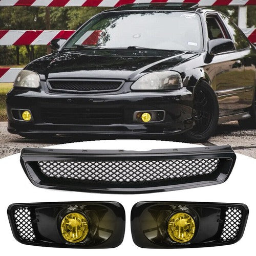 For 1999-2000 Honda Civic Front Bumper Halogen Fog Lights Lamp&Grille Grill 3PCS