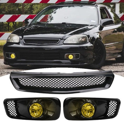 For 1999-2000 Honda Civic Front Bumper Halogen Fog Lights Lamp&Grille Grill 3PCS