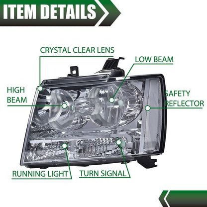Solid Spare Fit For 07-14 Chevy Avalanche Tahoe Suburban Smoke Lens Chrome Headlights