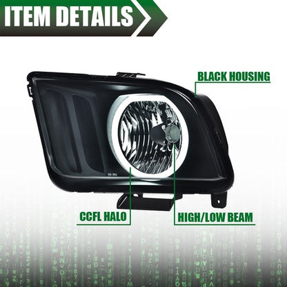 Solid Spare Fit For 05-09 Ford Mustang Smoke/Black LED DRL Halo Headlights Assembly Pair