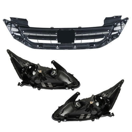 Solid Spare Headlights W/LED DRL Halogen& Bumper Grille For 13-15 Honda Accord Chrome Pair