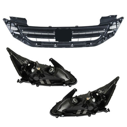 Solid Spare Headlights W/LED DRL Halogen& Bumper Grille For 13-15 Honda Accord Chrome Pair