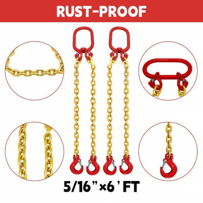 2PCS 5/16"x6' G80 Chain Lifting Sling 2 Legs 3T/6600lbs Capacity w/ Grab Hooks