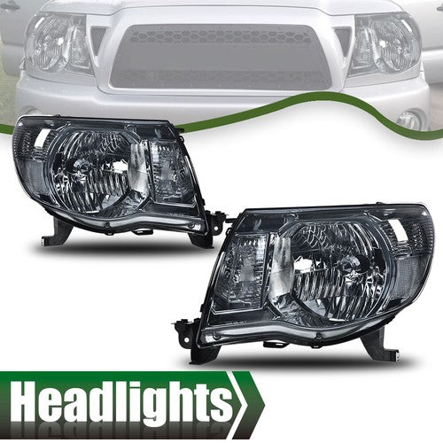 Solid Spare Fit For 2005-2011 Toyota Tacoma Smoke Lens Chrome Headlights Left+Right Side