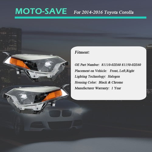 Solid Spare Chrome Front Headlight Lamps Halogen Left+Right Side For Toyota Corolla 2014-16