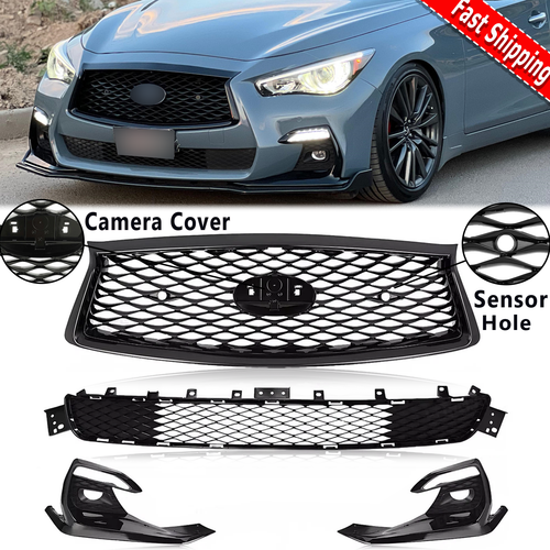 For 2018-2024 Infiniti Q50 Sport Front Upper Lower Grille Fog Light Bezels Cover