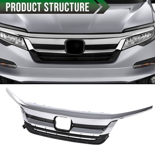 Solid Spare Fit For 19-21 Honda Pilot Front Bumper Upper Grille Grill w/ Chrome Trim