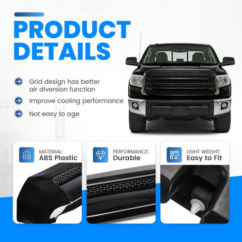 Solid Spare Gloss Black Front Upper Hood Bulge Molding Grille Trim For Toyota Tundra 2014-21