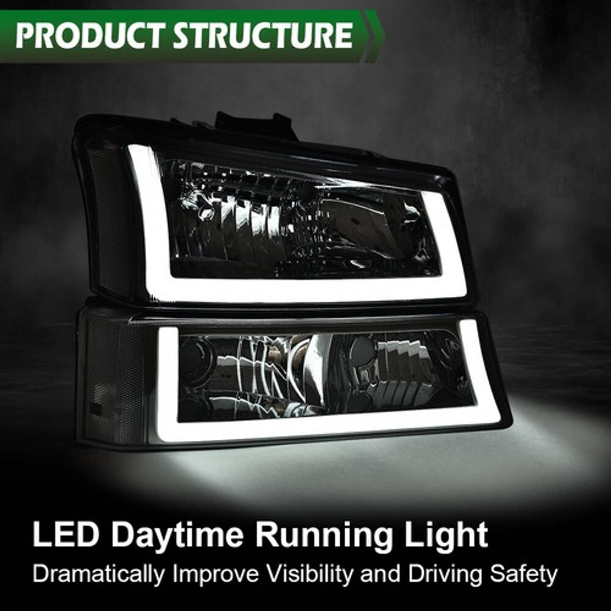 Solid Spare FIT FOR 03-06 SILVERADO CLEAR HEADLIGHT LAMPS WITH LED DRL + FOG LIGHTS SET