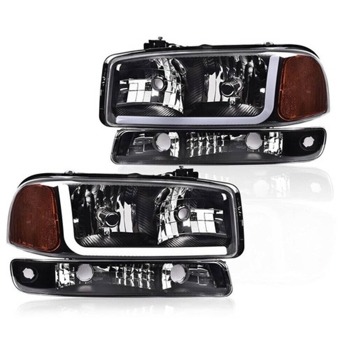 Solid Spare Fit For 1999-2007 GMC Sierra Yukon LED DRL Headlights w/ Bumper Lamps Black