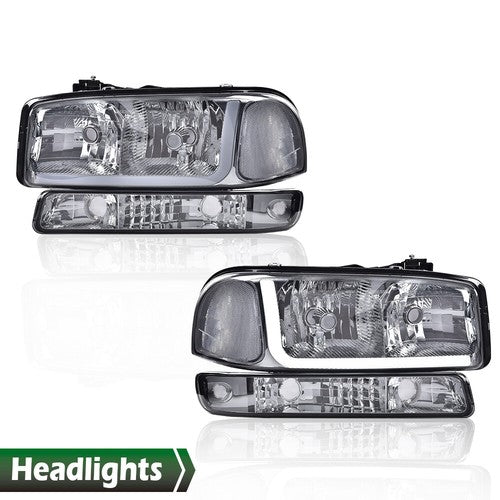 Solid Spare Smoke/Chrome LED DRL Headlights+Bumper Lamps Fit For 99-07 GMC Sierra/Yukon