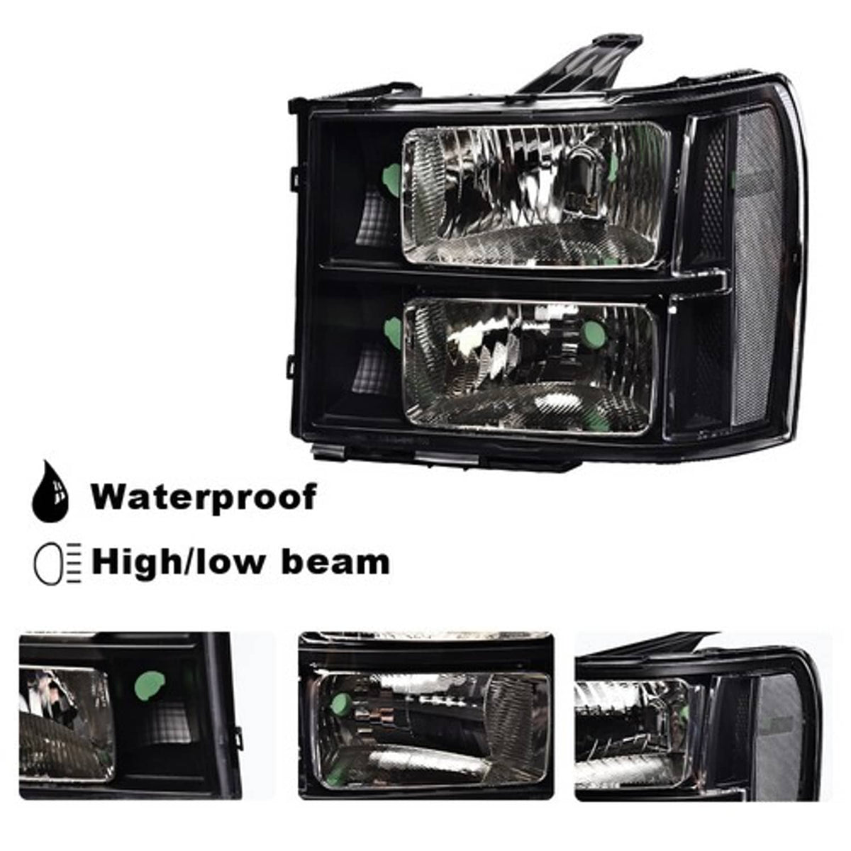 Solid Spare Fit For 2007-2014 GMC Sierra 1500 2500 3500 Black/Clear Headlight Head Lamps