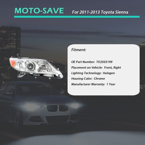 Solid Spare Fit For Toyota Sienna 2011 2012 2013 Headlight Lamps Right Passenger Side Chrome