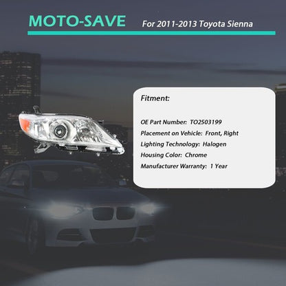 Solid Spare Fit For Toyota Sienna 2011 2012 2013 Headlight Lamps Right Passenger Side Chrome