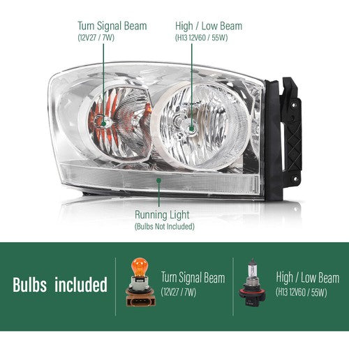 Solid Spare Clear Chrome Headlights Fit For 06-08 Dodge Ram 1500/2006-09 Ram 2500 3500
