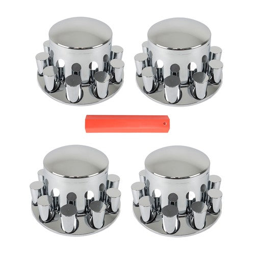 Solid Spare Semi Truck 33mm Chrome Wheel Axle Covers w/ Hub Caps Lug Nuts