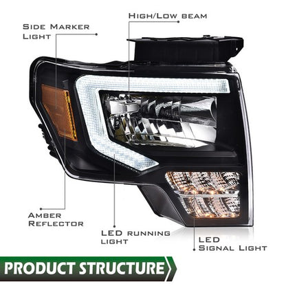 Solid Spare Fit For 2009-2014 Ford F-150 Headlights Black/Clear LED DRL Head Lamps Pair