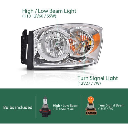 Solid Spare Fit For 06-08 Dodge Ram 1500/06-09 Ram 2500 3500 Amber Chrome Headlight Left