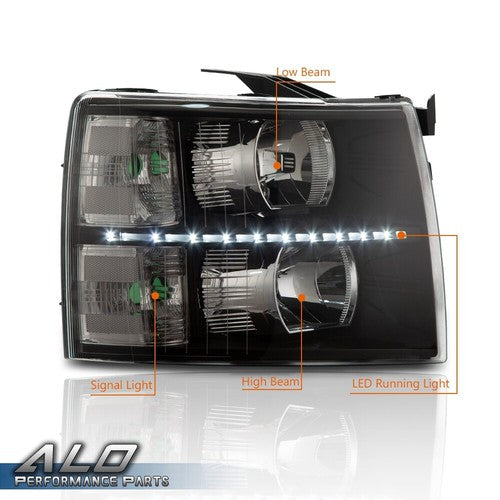 Solid Spare Fit For 07-14 Chevy Silverado 1500/2500/3500 LED DRL Strip Headlights Black