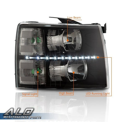 Solid Spare Fit For 07-14 Chevy Silverado 1500/2500/3500 LED DRL Strip Headlights Black