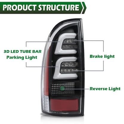 Solid Spare LED Tube Tail Lights Brake Lamps Clear/Black Fit For 2005-2015 Toyota Tacoma