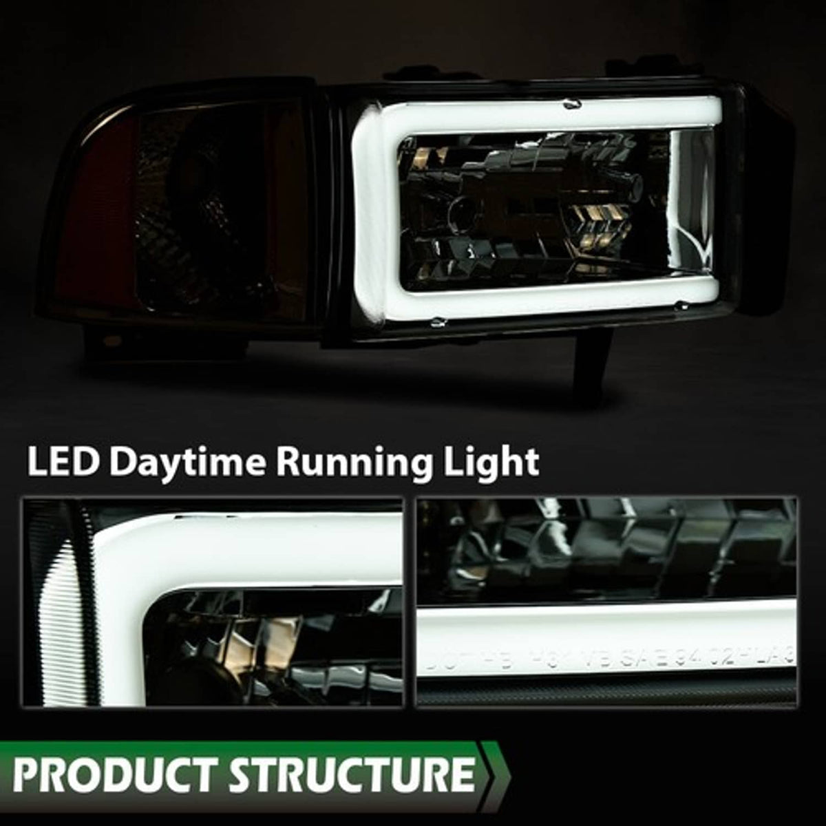 Solid Spare Fit For 1994-02 Dodge Ram 1500 2500 3500 Chrome Headlights LED Tube C Light Bar